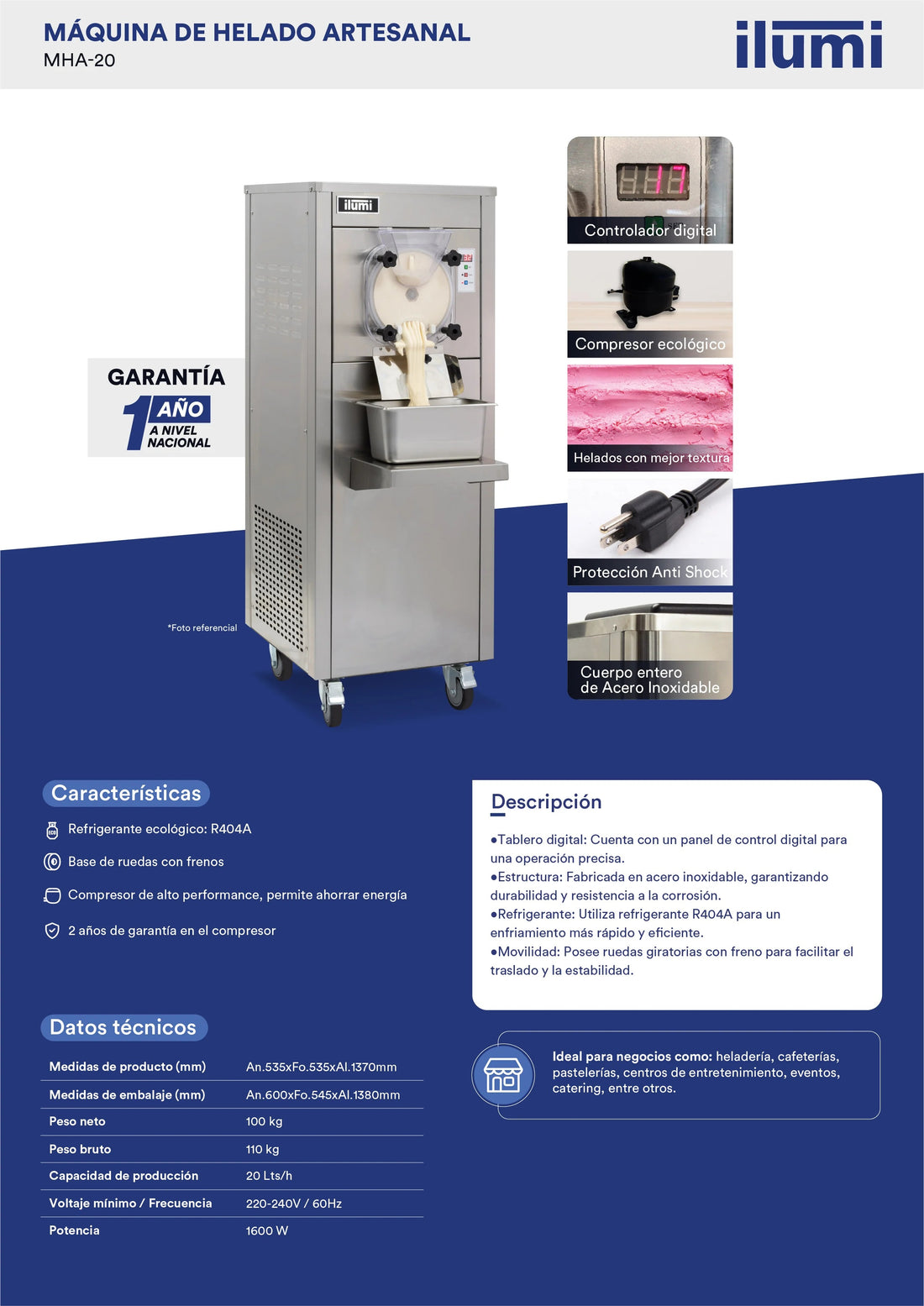 Máquina De Helado Artesanal De Hasta 20 Litros Por Hora Mha-20 Ilumi