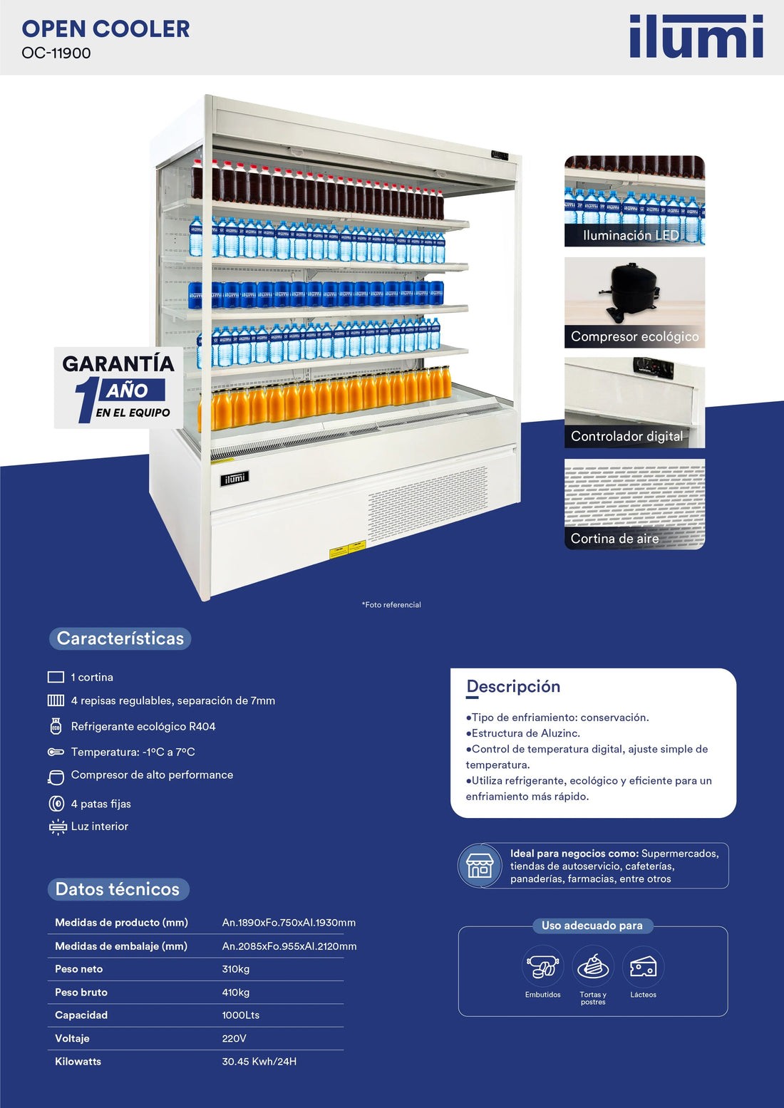 Exhibidor Refrigerado Abierto Open Cooler 1000Lts Ilumi