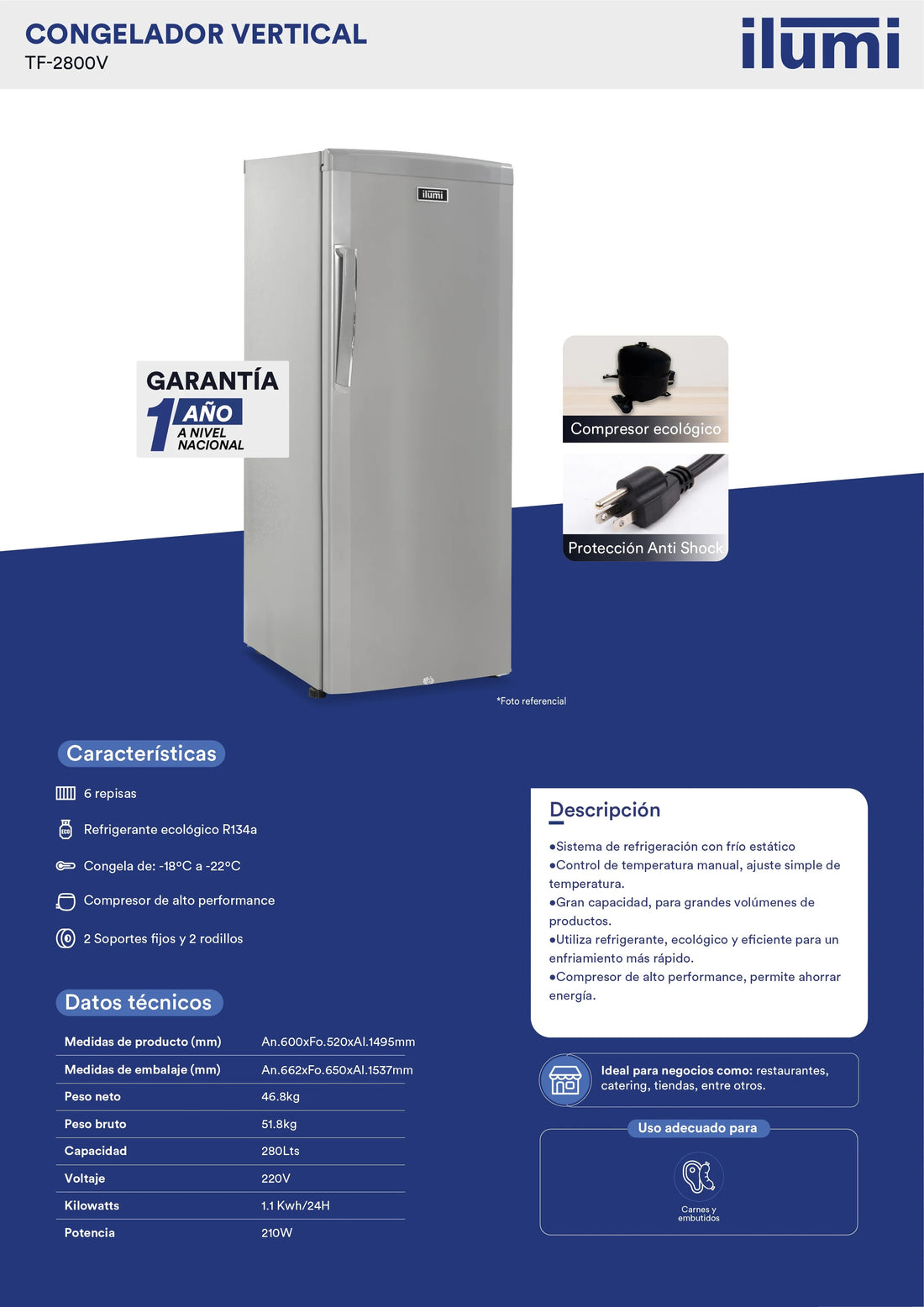 Congelador vertical con 6 cajones de 280 litros Ilumi