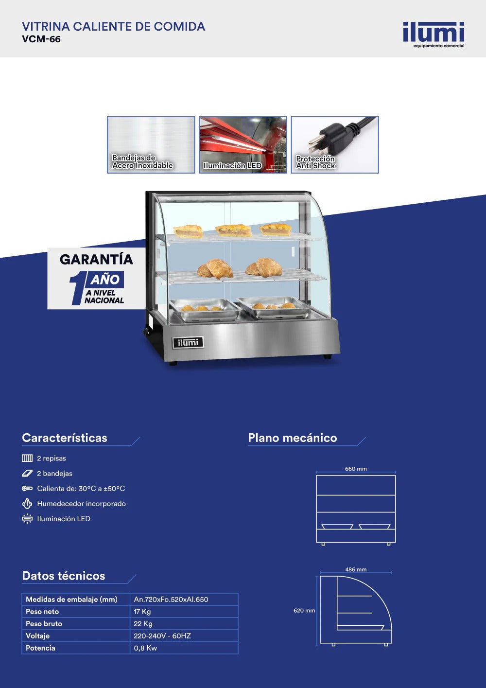 Vitrina Caliente Pequeña De 60Cm De 2 Bandejas  Ilumi