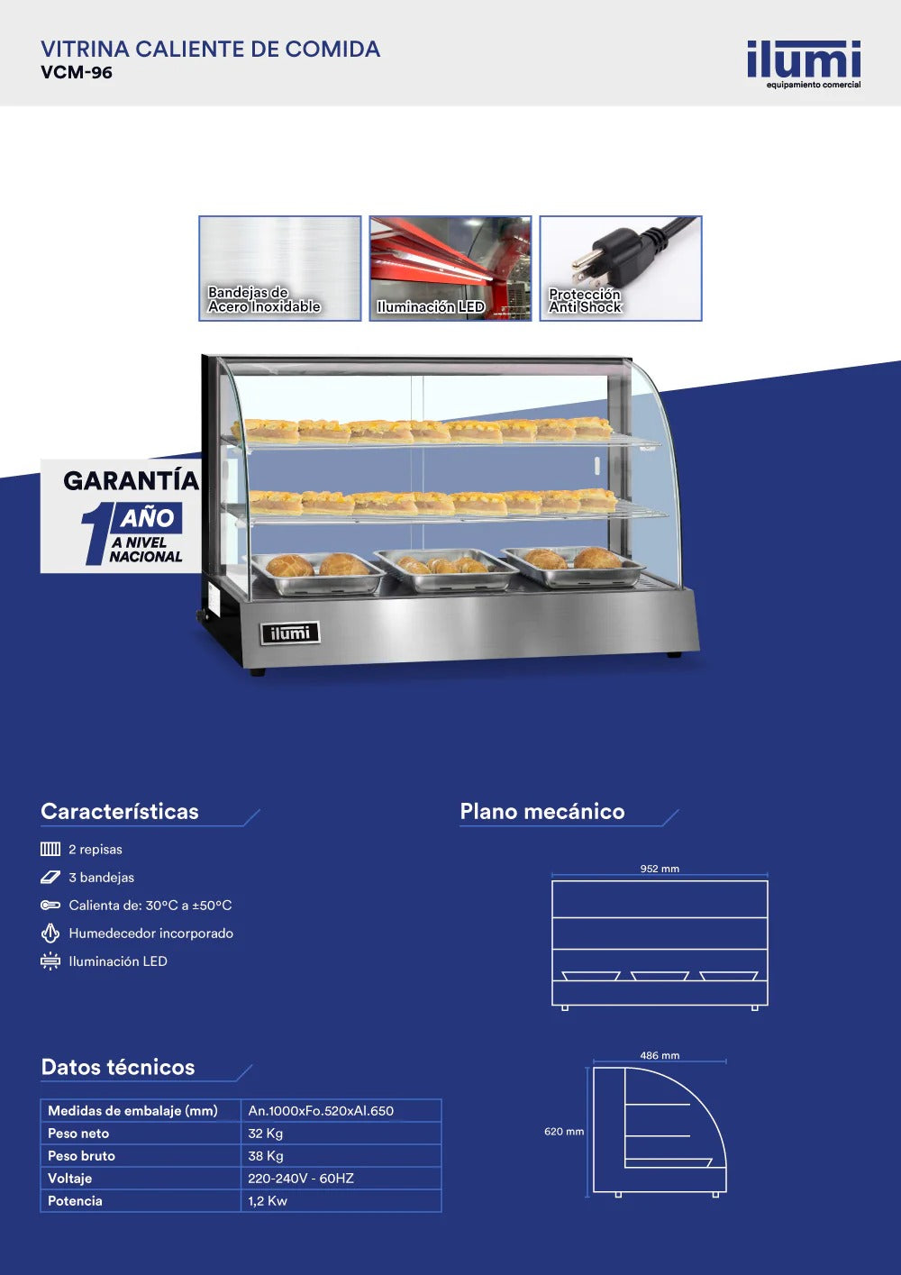 Vitrina Caliente Mediana De 96Cm De 3 Bandejas Ilumi