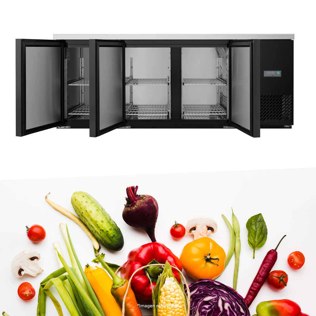 Meson Refrigerada Conservadora Gourmet 3 Puertas Sólidas 420Lts Negra Ilumi