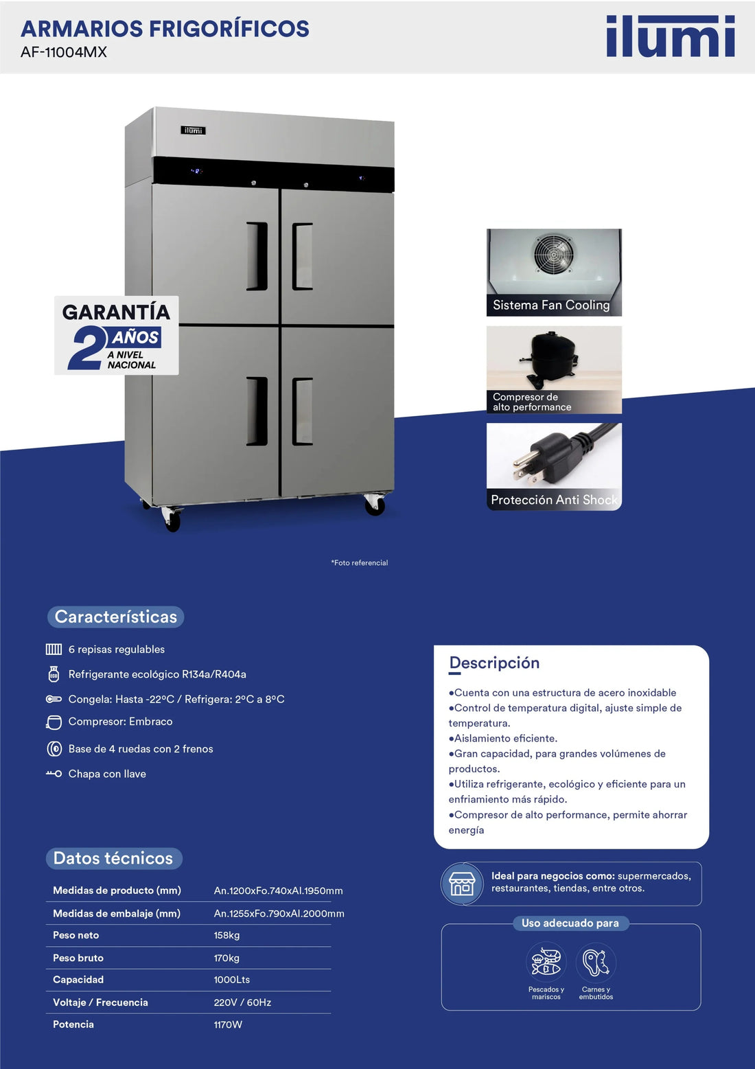 Congeladora Vertical Inox 4 Puertas Sólidas 1000L Fancooling Mixta Ilumi