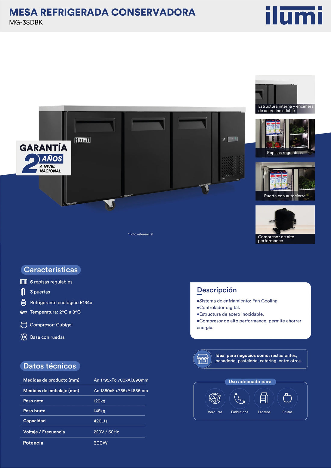 Meson Refrigerada Conservadora Gourmet 3 Puertas Sólidas 420Lts Negra Ilumi