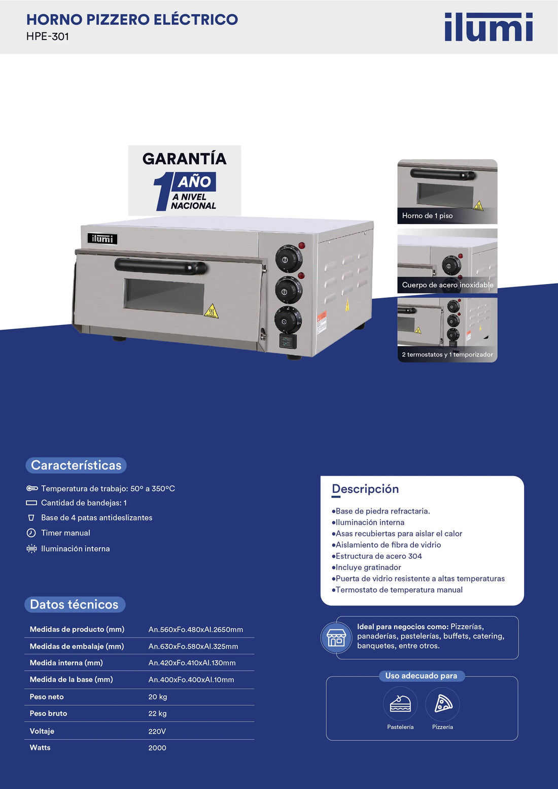 Horno Industrial Pizzero Electrico 1 Compartimiento Ilumi
