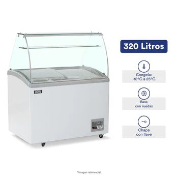 Congeladora Con Vitrina y 6 Pozas Para Helados Vidrio Alto 320 Litros Ilumi