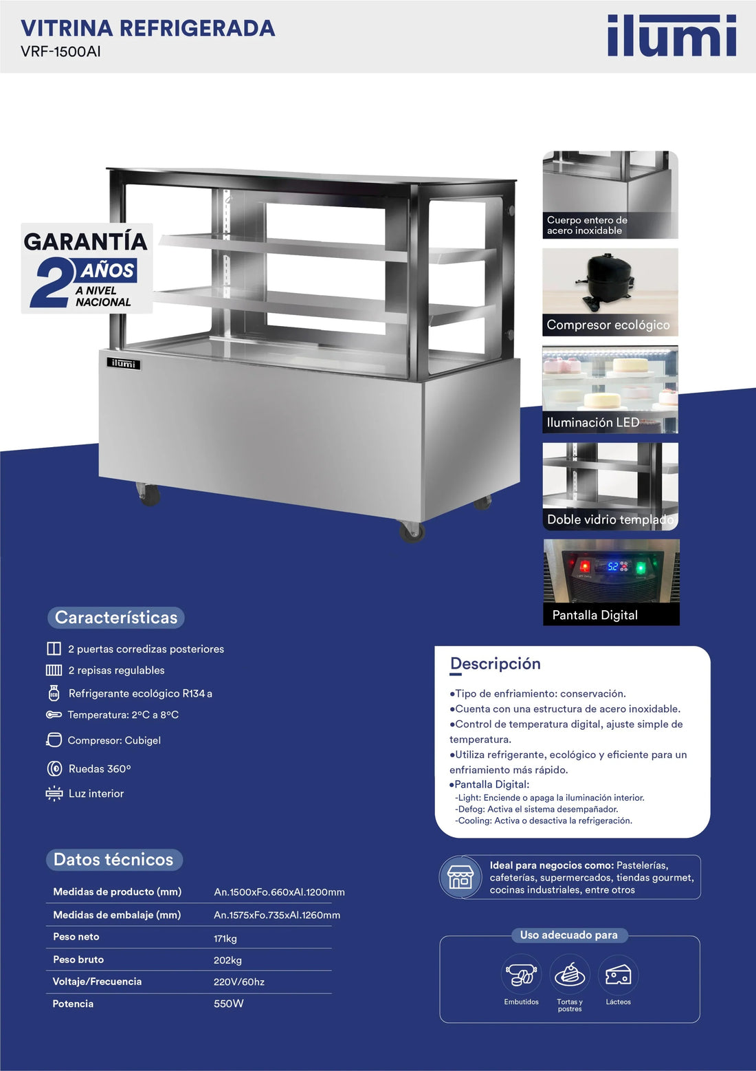Vitrina Refrigerada 1.20X1.50 Dos Niveles Vidrio Plana Ilumi