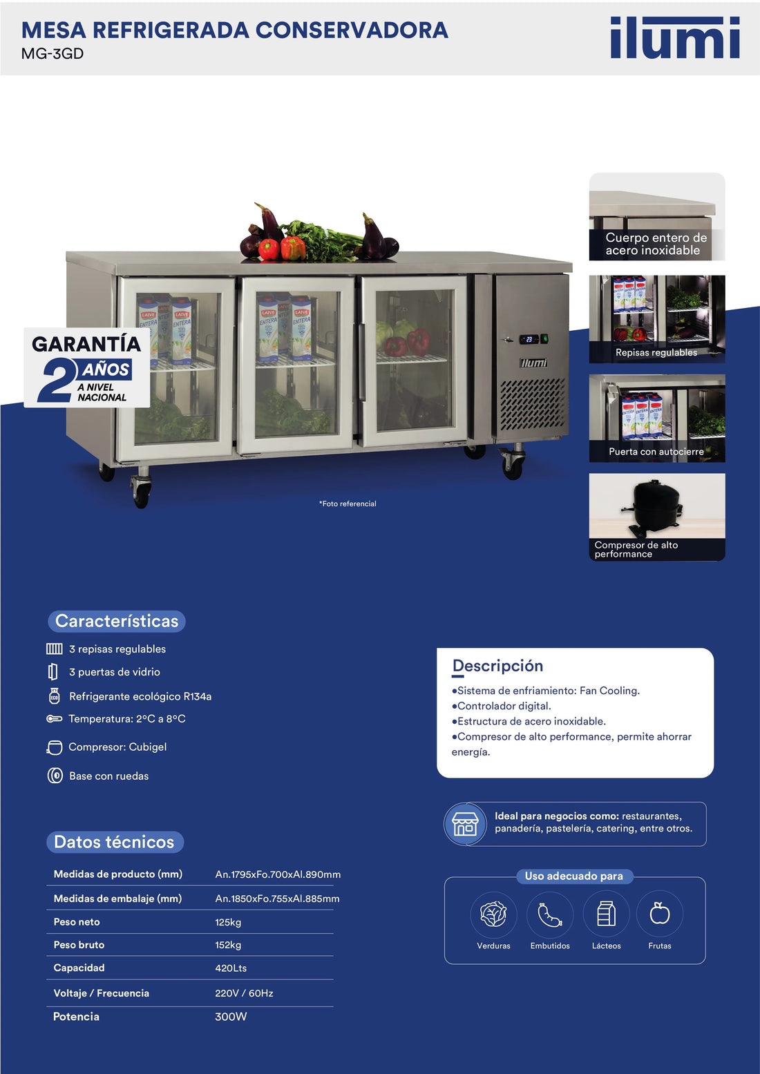 Meson Refrigerada Gourmet 3 Puertas Vídrio 420Lts Ilumi