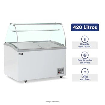 Congeladora Con Vitrina y 9 Pozas Para Helados Vidrio Alto 420 Litros Ilumi