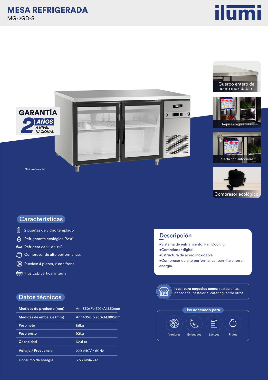 Meson Refrigerada Gourmet 2 Puertas Vidrio 320L Ilumi