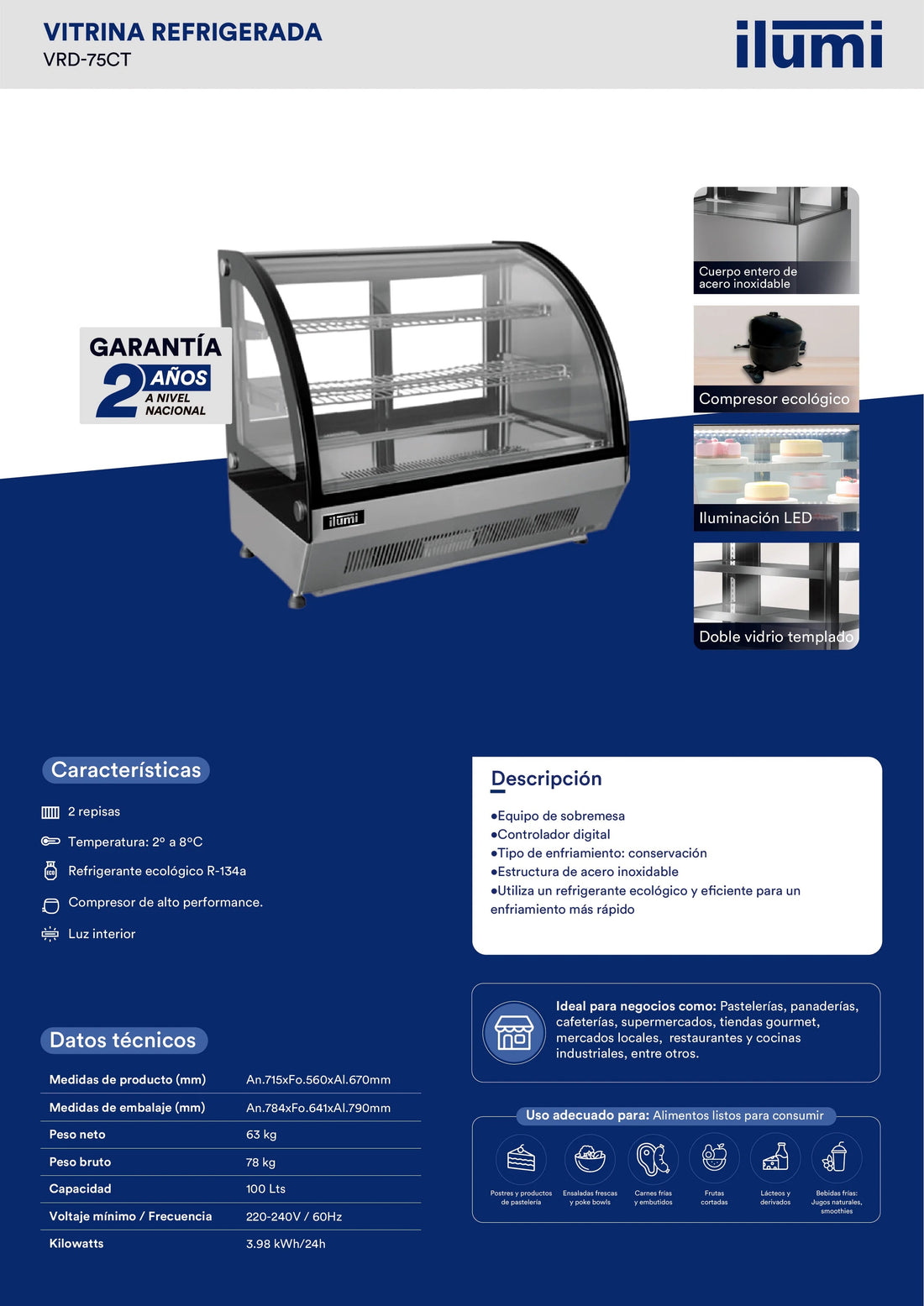Vitrina Refrigerada De Sobre Mesa Curvo 100Lts Ilumi