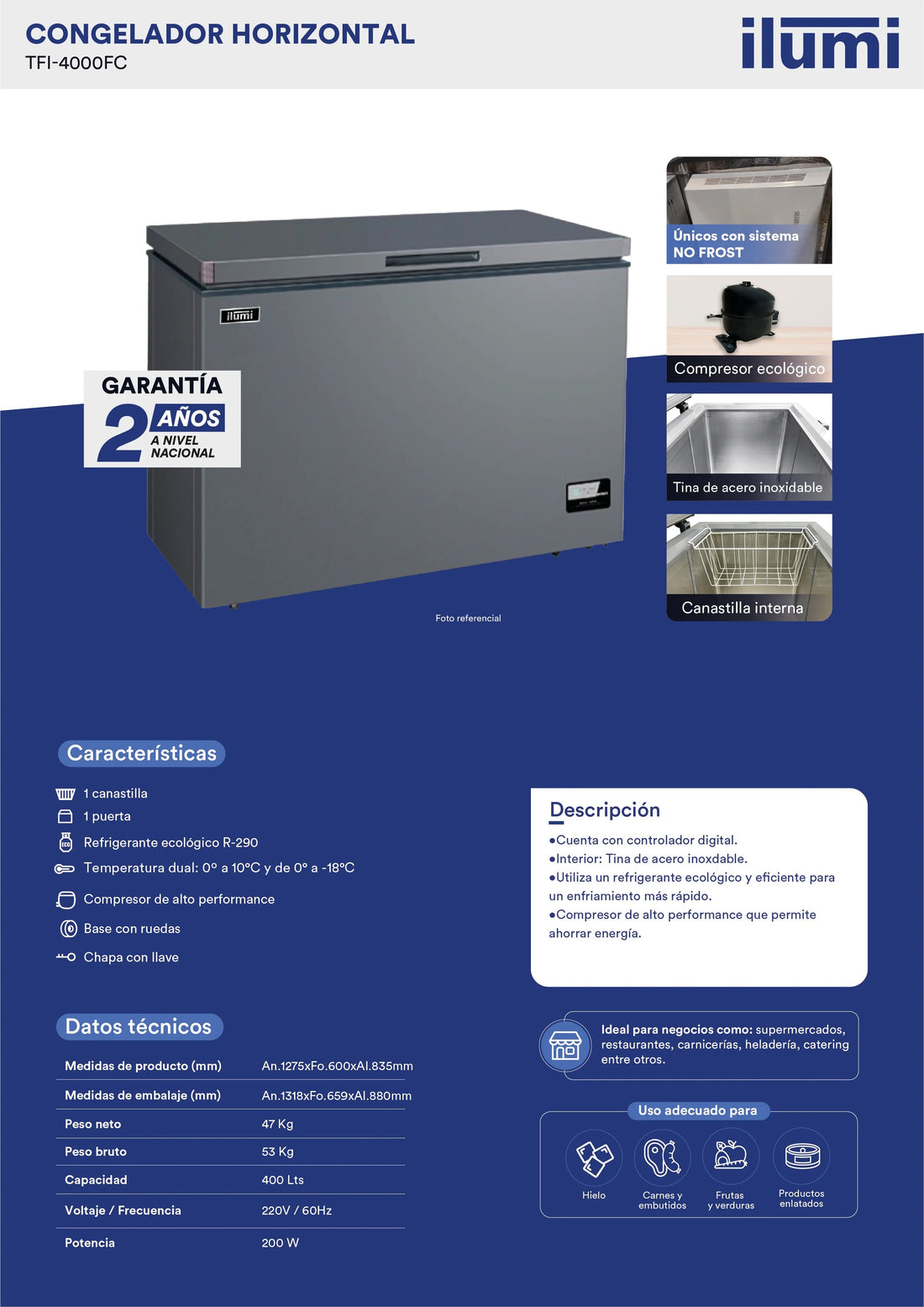 Congelador Fan Cooling con tina de Acero Inoxidable de 400 litros