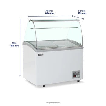 Congeladora Con Vitrina y 6 Pozas Para Helados Vidrio Alto 320 Litros Ilumi