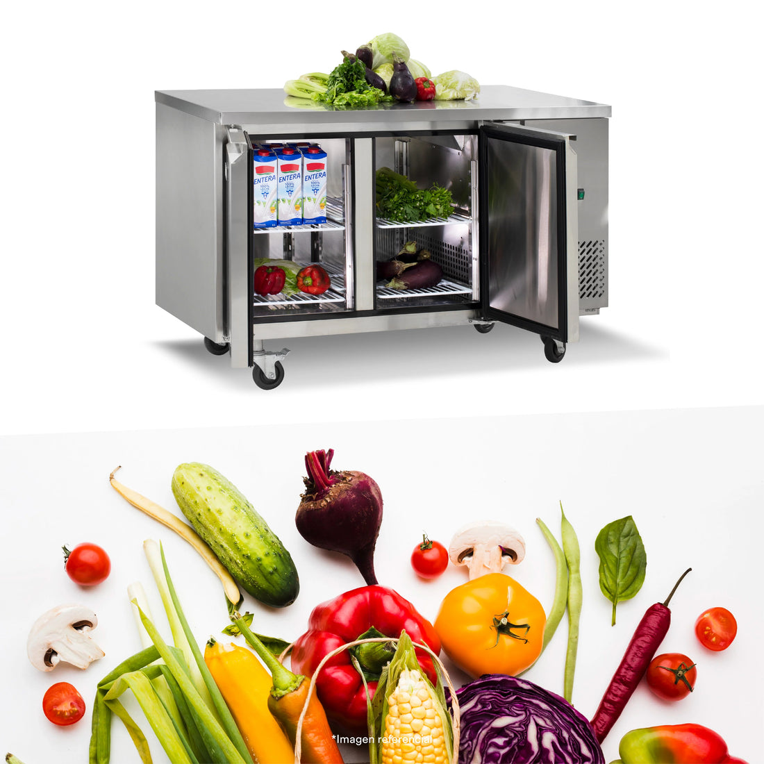 Mesa refrigerada de 280 litros con 2 puertas sólidas Ilumi