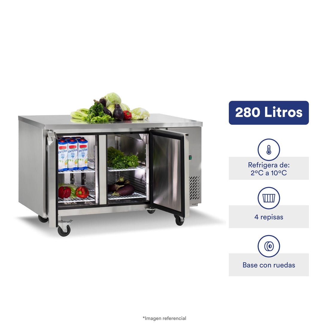 Mesa refrigerada de 280 litros con 2 puertas sólidas Ilumi