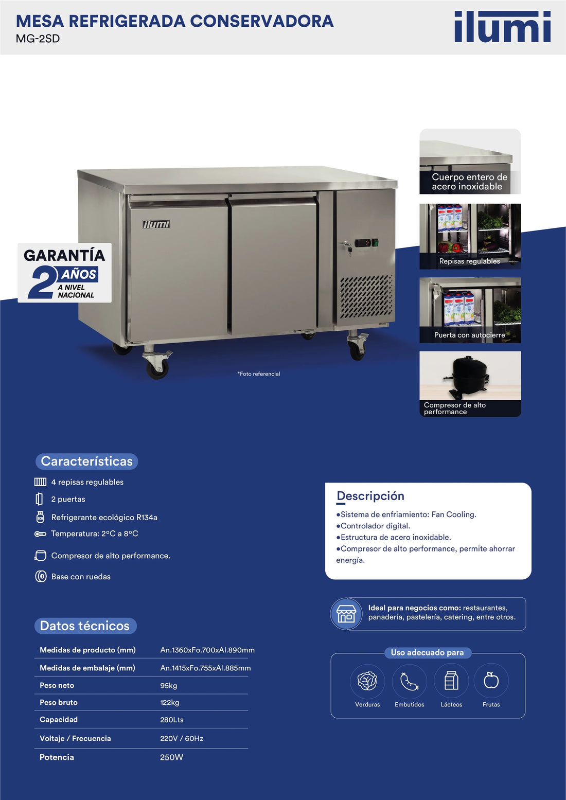 Mesa refrigerada de 280 litros con 2 puertas sólidas Ilumi