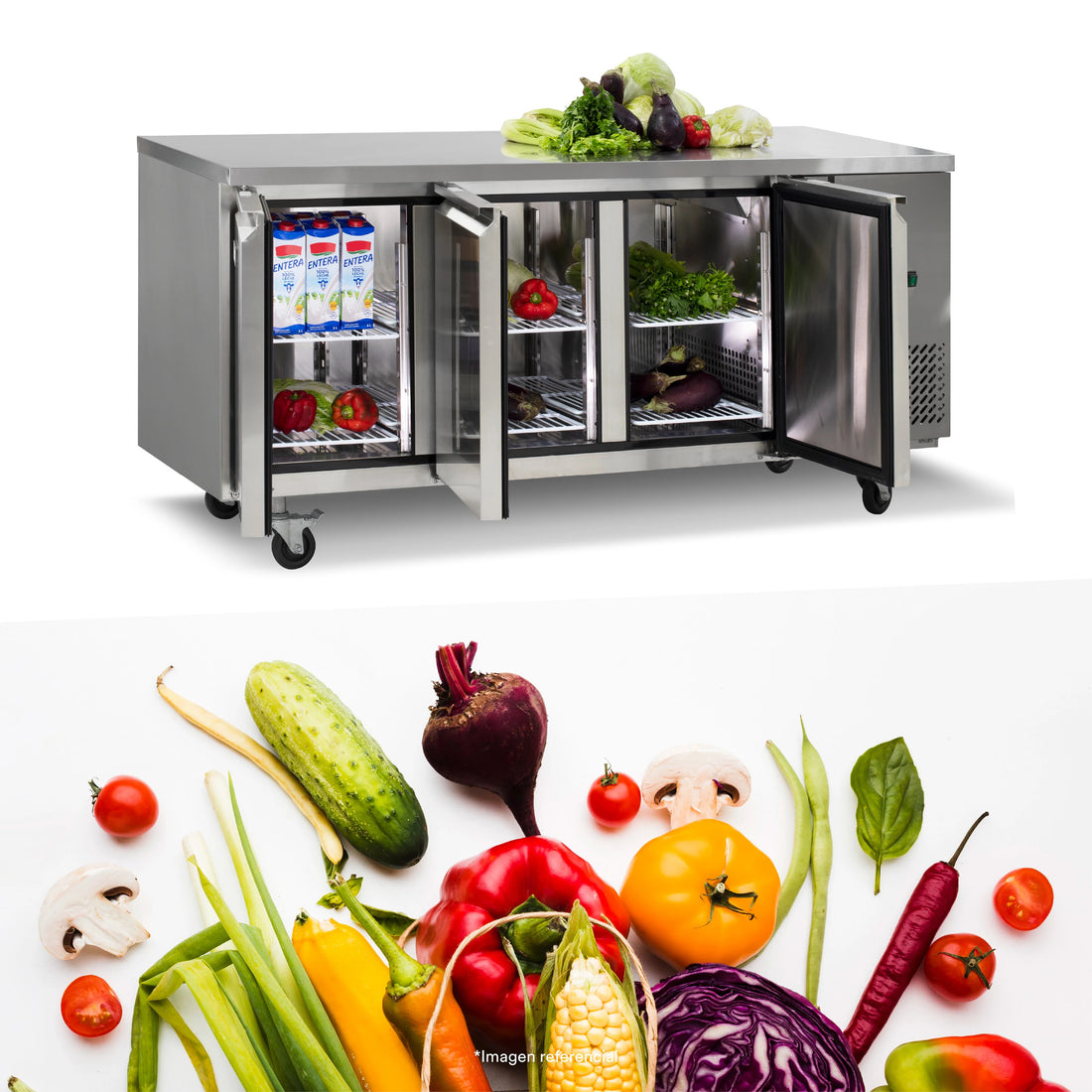 Mesa refrigerada de 420 litros con 3 puertas sólidas Ilumi