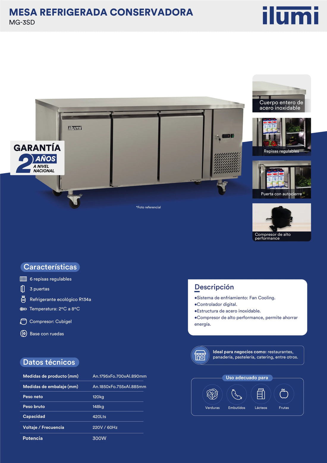 Mesa refrigerada de 420 litros con 3 puertas sólidas Ilumi