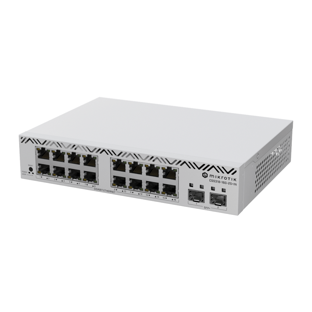 Switch con 16 Puertos Gigabit Ethernet / 2 Puertos SFP+ 10G / Filtrado MAC y VLANs / SwOS Configuración Web