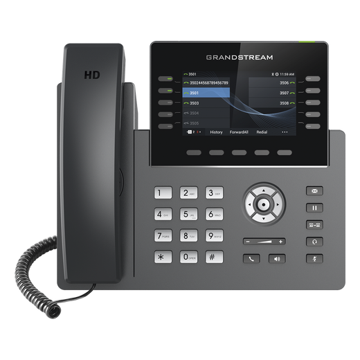 Teléfono IP Wi-Fi, Grado Operador, 10 líneas SIP con 5 cuentas, pantalla a color 4.3", puertos Gigabit, Bluetooth, PoE, codec Opus, IPV4/IPV6 con gestión en la nube GDMS
