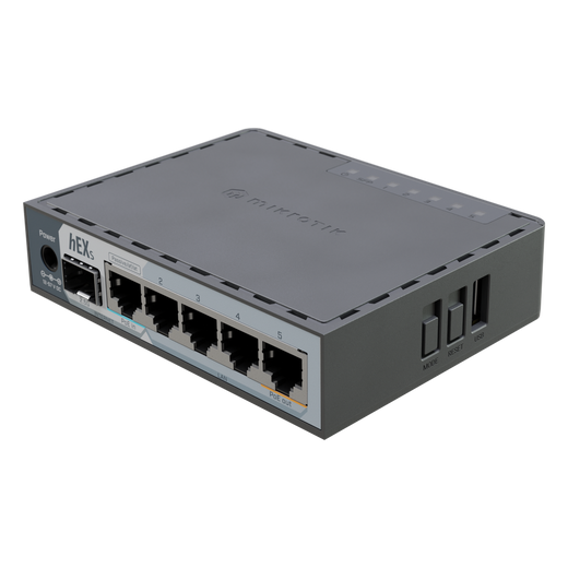 Router hEX S / 5 Puertos Gigabit Ethernet / 1 Puerto SFP 2.5G / Dual-Core ARM / 512 MB RAM / RouterOS V7 / PoE-In y PoE-Out / Montaje en Pared