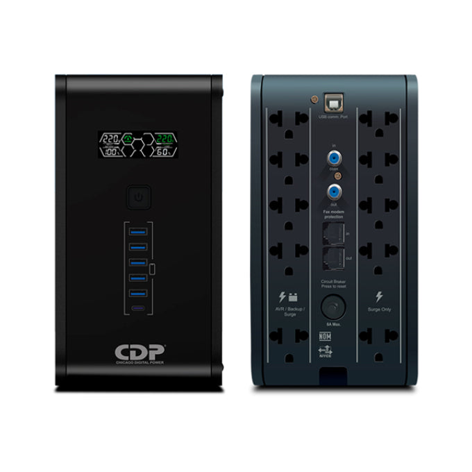 UPS CDP R-SMART 1010I 1000VA / 500W AUTONOM? 30MIN 10 SALIDAS/5 PORT USB-A/1 PORT USB-C BLACK (R-SMART1010I)
