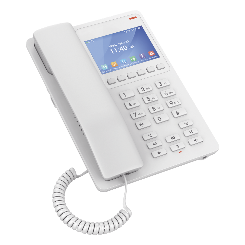 Teléfono IP Hotelero con pantalla LCD a color, 2 líneas SIP, IPV4/IPV6, color blanco, con gestión en la nube GDMS