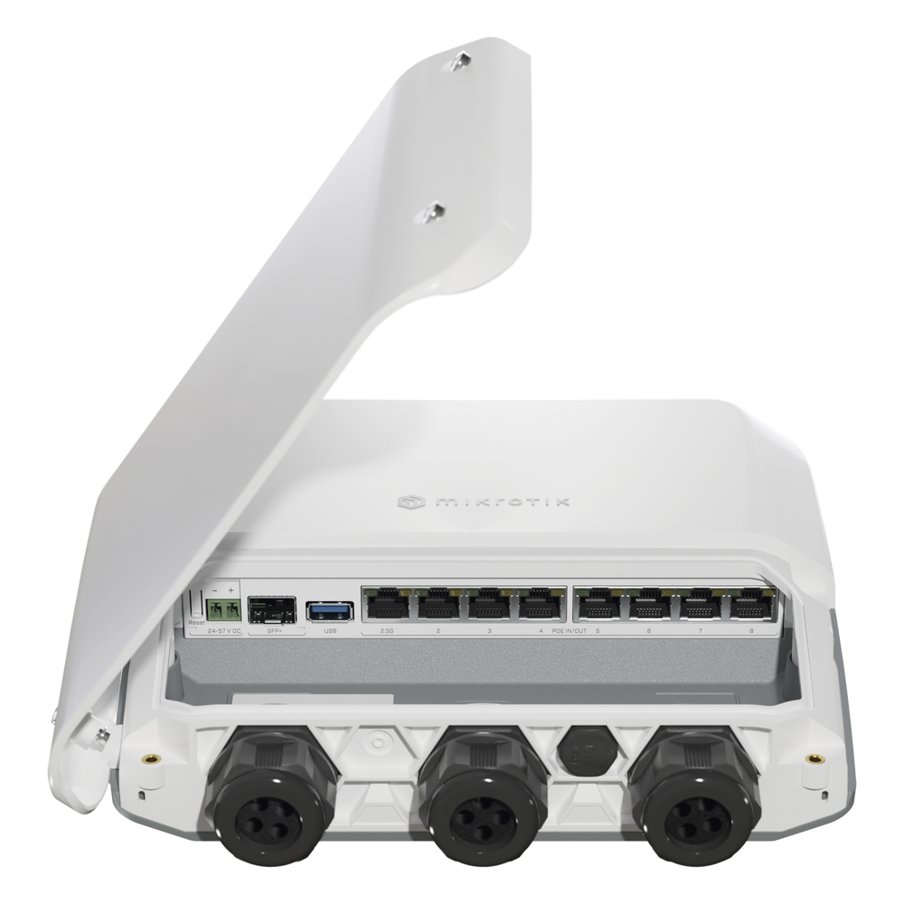 (RB5009UPr+S+OUT) 8 puertos PoE in/out, 1 SFP+, Solo RouterOS v7 para Exterior
